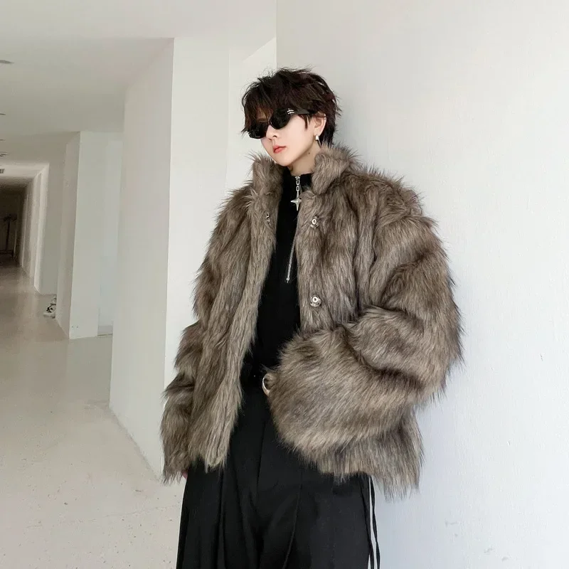 

Men's Fur Coat Retro Senior Sense of Fashion High Street Winter Thickened Solid Color Lapel Men's Faux Fur Cotton Coat Jacket