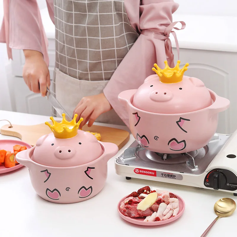 casserole pot Pink Pig High Temperature Resistance Casserole Handle Ceramic Cookware with Crown Pot Cover Kitchen Supplies Soup Pots