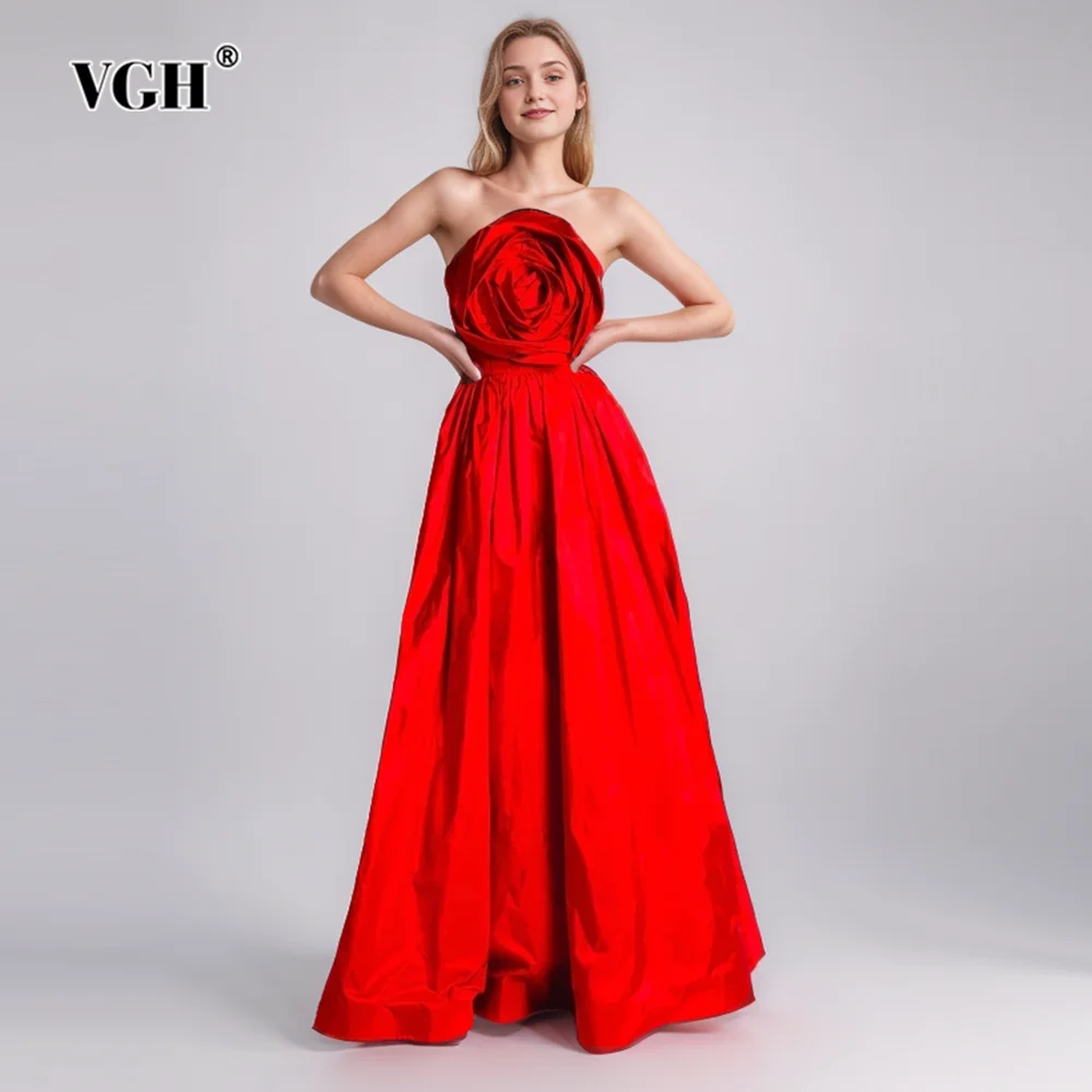 

VGH Patchwork Appliquees Elegant For Women Strapless Sleeveless Backless High Waist Temperament Long Dress Female Fashion New