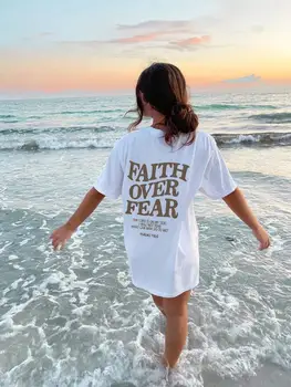 Trendy Faith Over Fear Letter Printing Women T-Shirts Breathable Clothes Summer Street Tee Shirts Casual Oversize Streetwear