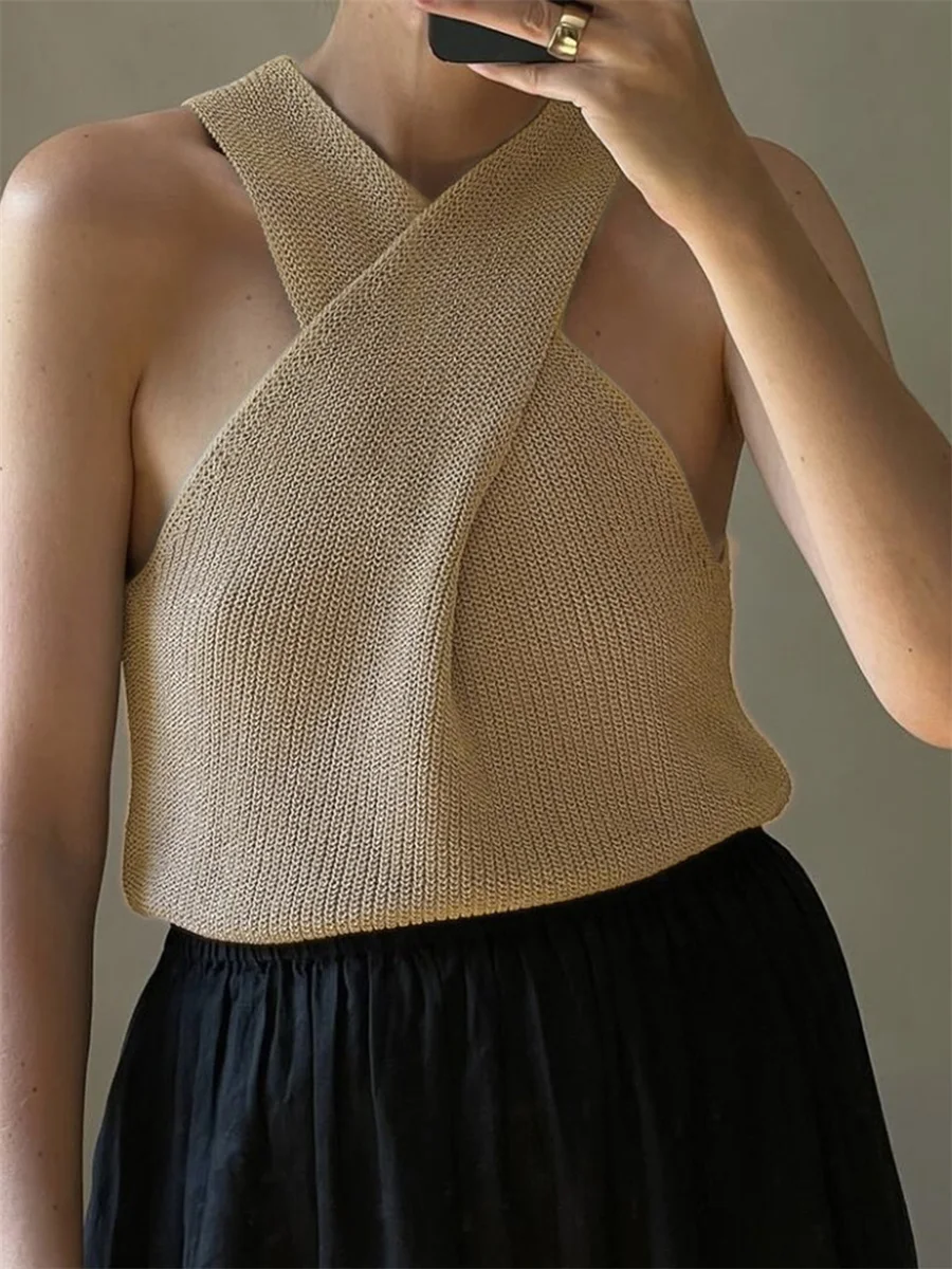 Women's Summer Knit Tank Tops Solid Color Sleeveless Cross Front Slim Sweater Vest Ladies Chic Camis Vest for Streetwear Y2K 00s picture