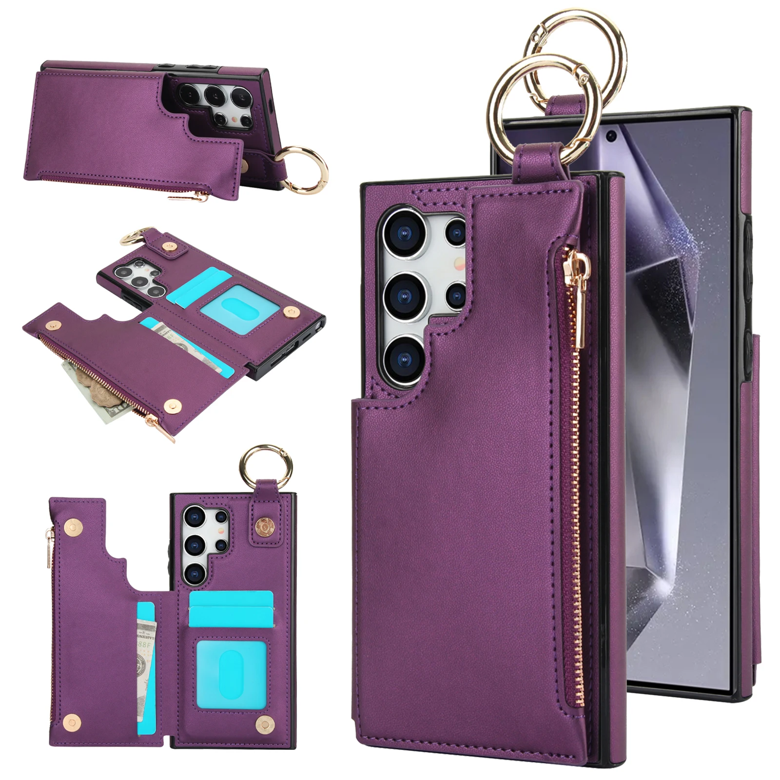 Ring Holder Zipper Cards Solt Leather Wallet Case For Samsung Galaxy S24 Ultra S23 Plus S22 S21 FE A55 A15 A35 A25 A14 A54 Bag_voghion.com