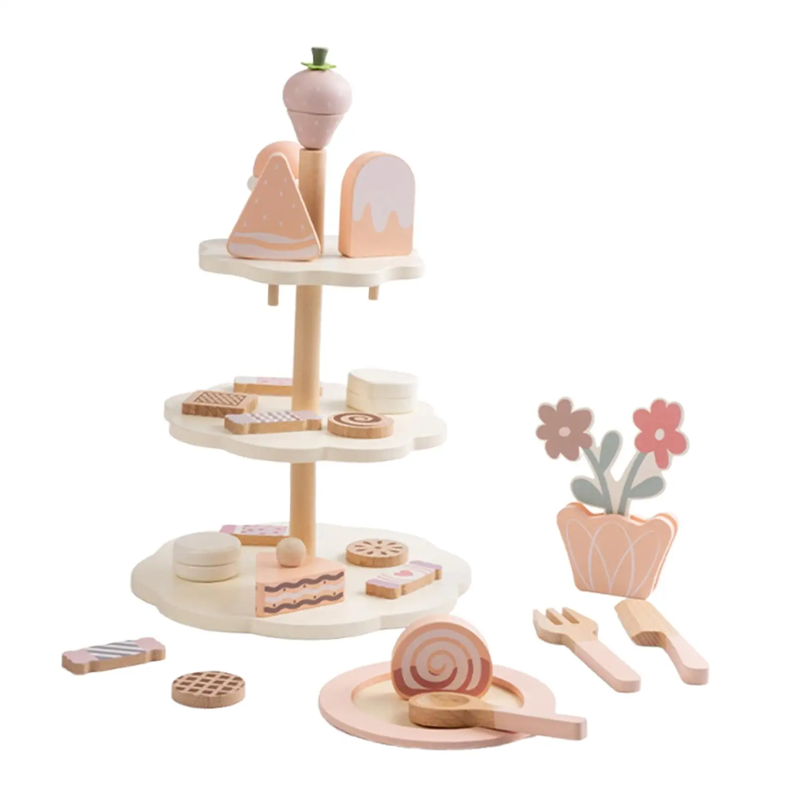 【High Cost-Performance】 Wooden Tea Party Set Interactive Game with Cupcake Stand & Food Dessert Role Playing Kitchen Playset Pretend Play Girls Children.