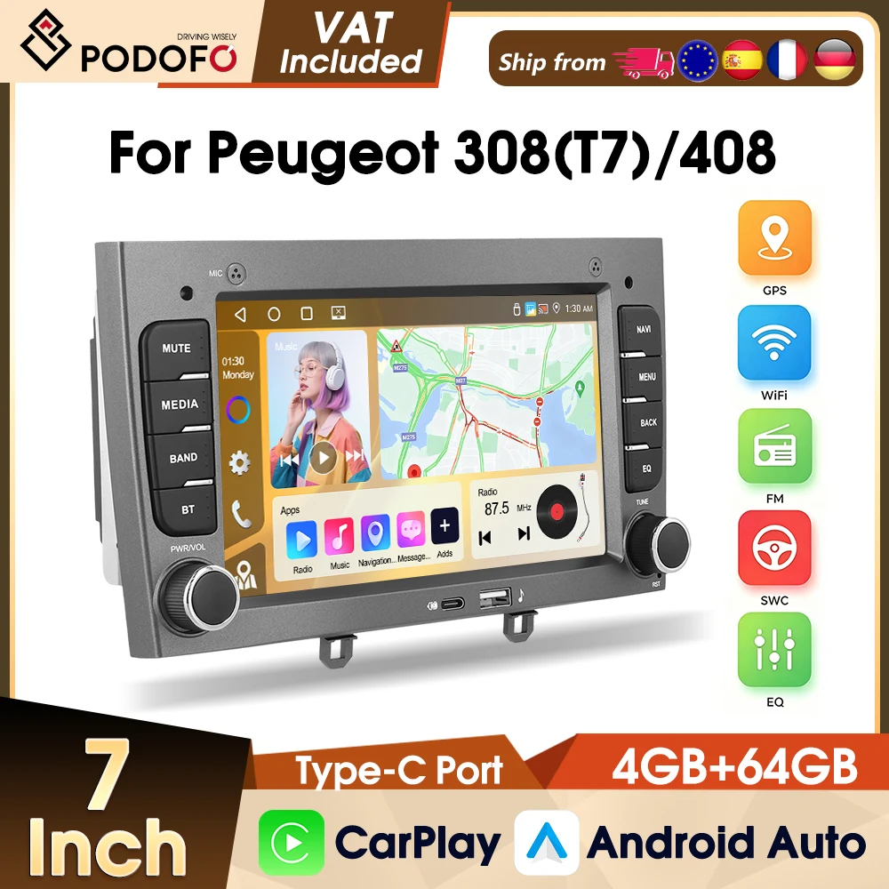 Radio para coche Podofo de 7 pulgadas, 4+64G, para Peugeot 408 2010-2012 /308 T7 2007-2013, FM RDS, WIFI, GPS, reproductor multimedia para coche, CarPlay inalámbrico, Android Auto, autoradio 1