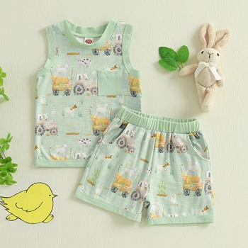 Cute Baby Boy Outfit Set with Tractor Print Tank Top and Elastic Waist Shorts Farm Animal Theme Toddler Clothes 1