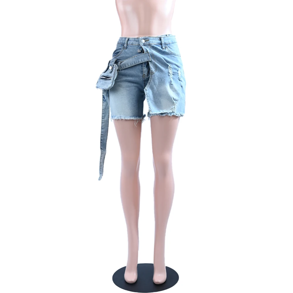 Fashion Design Pocket Patchwork Hight Waist Ripped Short Jeans Light Blue Denim Shorts Women Bomber Bottoms Y2K Streetwear