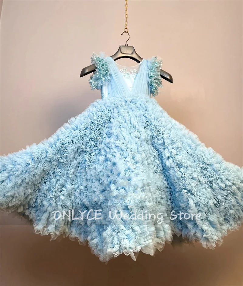 

Cute Blue Flower Girls Dress 2024 Ruffle Puffy Lace Ball Gowns Child Dress For Wedding First Communion PhotoShoot Vestidos