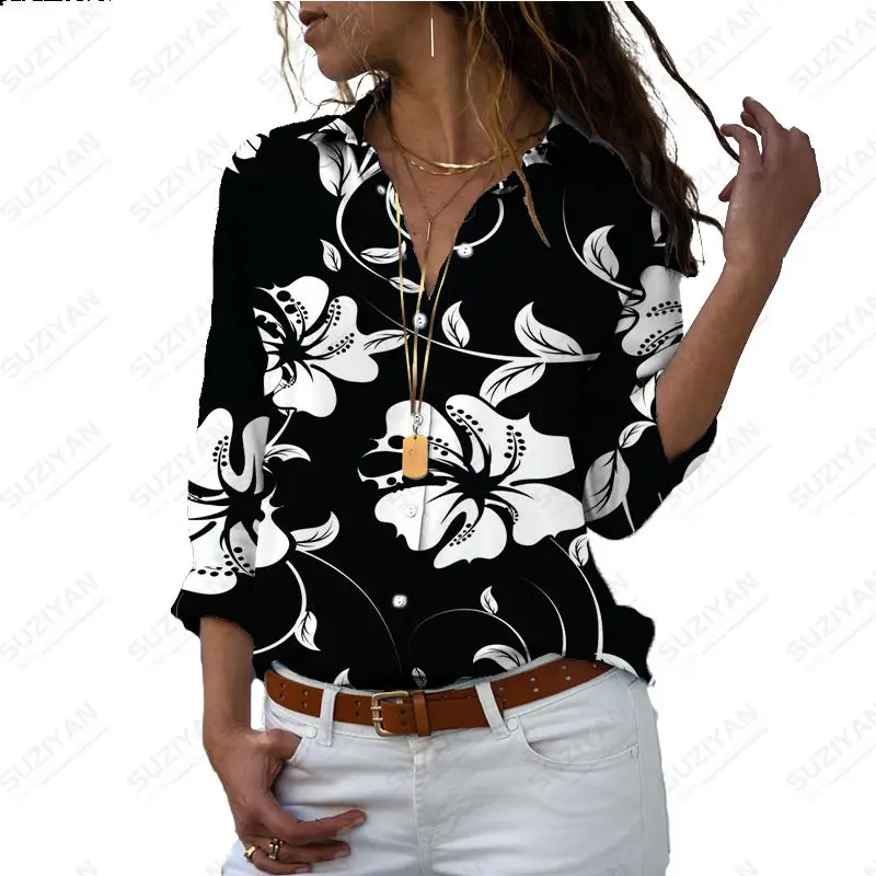 

Spring Autumn New Casual Rose Fragmented Blouse Shirt Button Lapel Cardigan Top Women's Loose Long Sleeve Daily Commuter Shirt