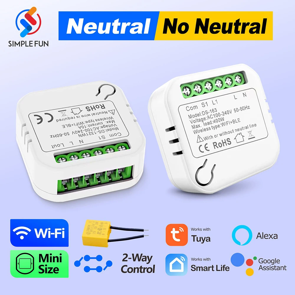 Wifi Mini Smart Light Switch Module Neutral/No Neutral 2-Way Control AC ...