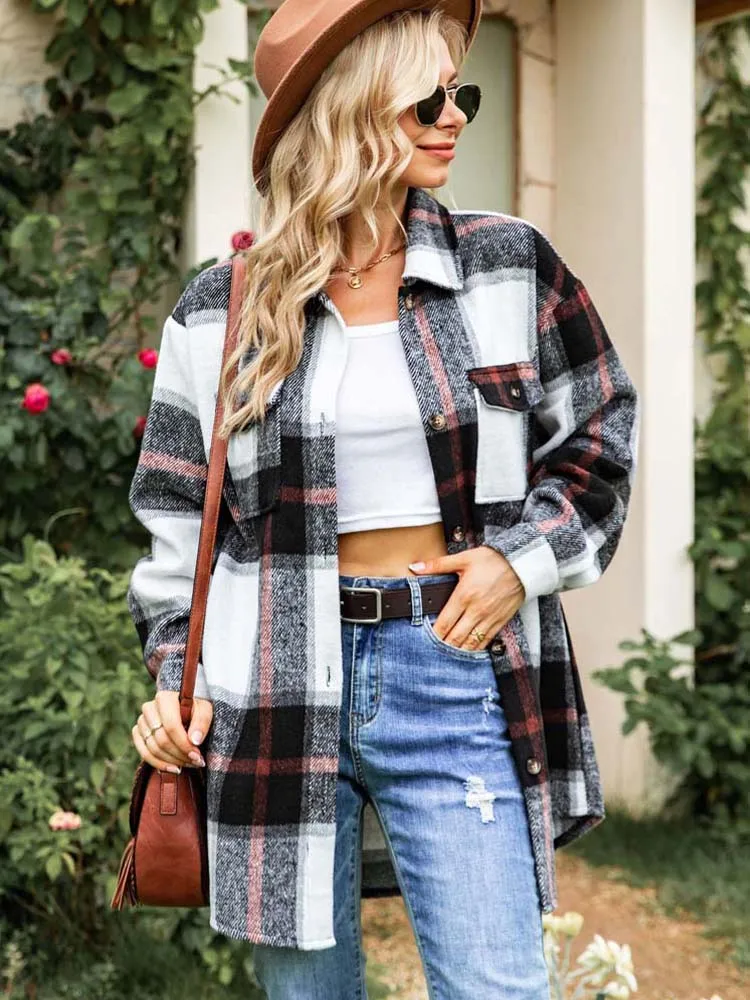 2023 Autumn Long Plaid Jacket Women Button Up Winter Coat Ladies Overshirt  Warm Thick Checkered Shirt Jacket Coat Women - AliExpress