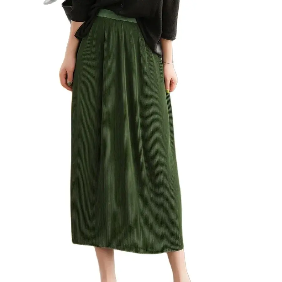 

2024 New Women's Fine Pleated Split Knitted A-line Skirt For Women Clothing Spring Autumn Casual Elastic High Waist Skirts
