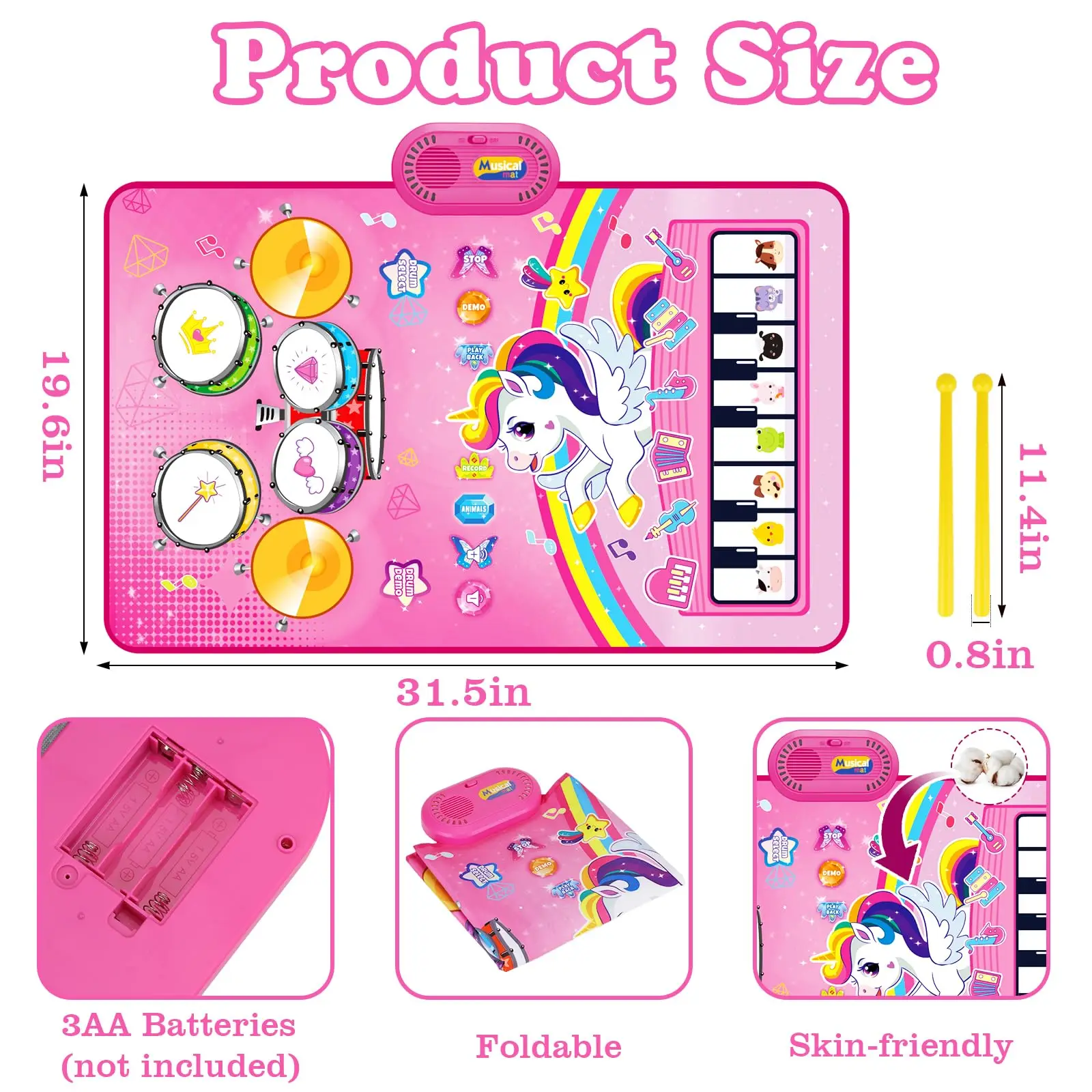 Baby Musical Mat Toddler Toys 3 in 1 Piano Drum Animal Touch Unicorn blanket Toys Babies Birthday Gifts for 0-3 Year Boys Girls 4
