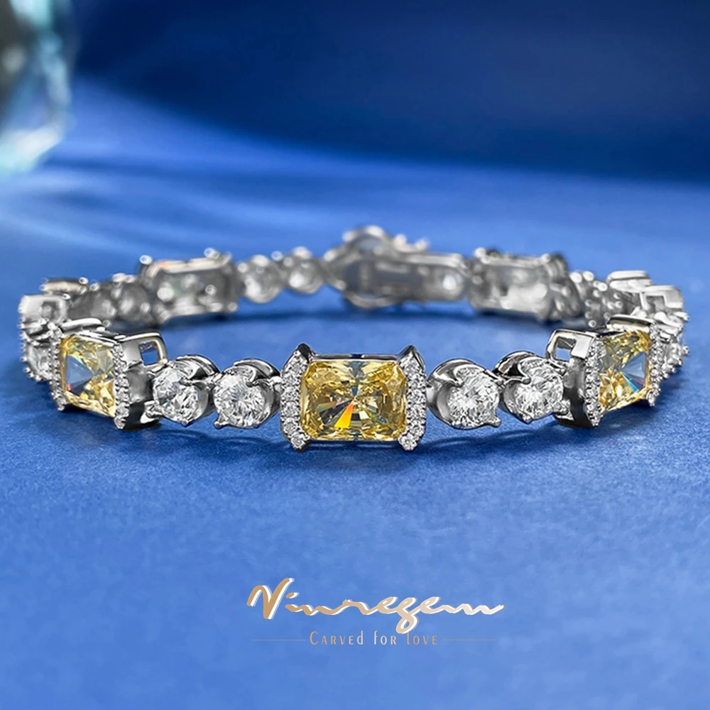 

Vinregem 18K White Gold Crushed Ice Cut 6*8MM Lab Citrine High Carbon Diamond Gemstone Bracelets 925 Sterling Silver Jewelry