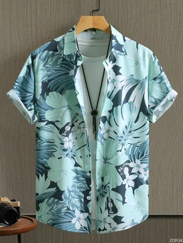 Tropical Plant Men's Shirt with Vibrant Hawaiian Short Sleeved Buttons, Exotic Leaf and Flower Printed Top 1