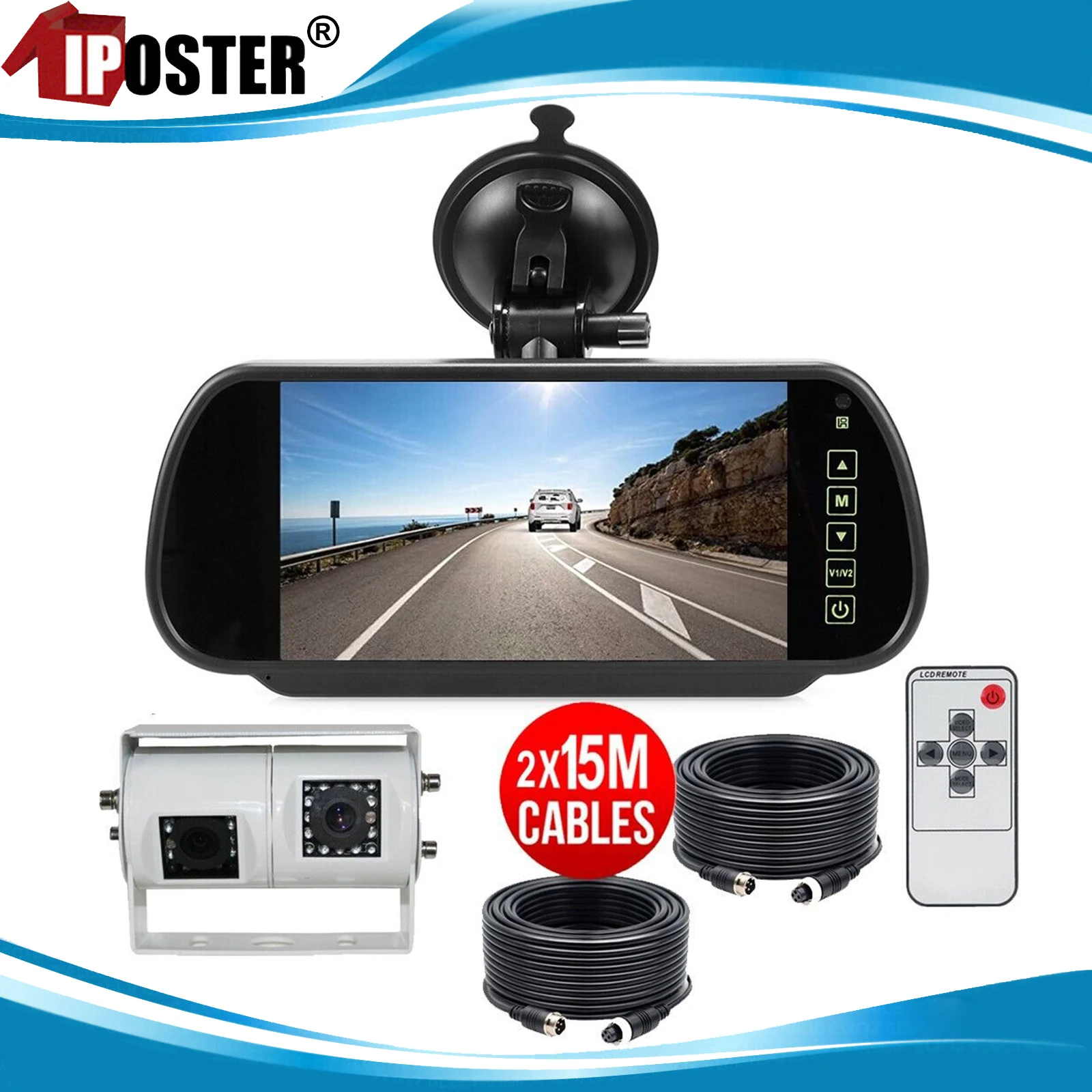 

iPoster 7" TFT LCD Mirror Monitor 800x480 2x IR Dual Head Reversing HD Cameras CCD Image Waterproof IP68 For Trailer Rv Bus