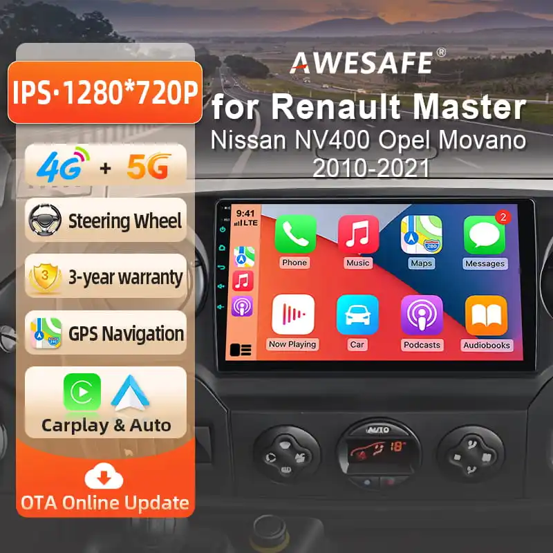 AWESAFE 10-Zoll-Android-Radio für Renault Master 3 III Nissan NV400 Opel Movano 2010-2021, kabelloses CarPlay & Android Auto, GPS-Navigation, Multimedia, Unterstützung für Lenkradsteuerung, Subwoofer, Verstärker, Rückfahrkamera, mit CAN-BUS, EU Plug-and-Play, DAB+ Digitalradio