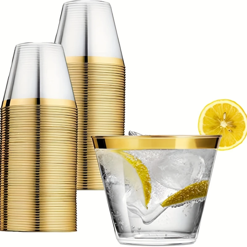 

50pcs Golden Plastic Cup 9 Oz Hard Disposable Cup Plastic Wine Glass Party Wedding Glass Transparent Plastic Gold Rim
