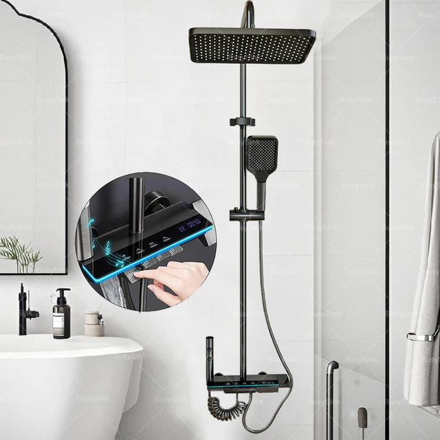Bathroom Shower Multifunctional Pressurization Rain Faucets System Sets Digital Display Piano Button Ambient Light Shower Set 1