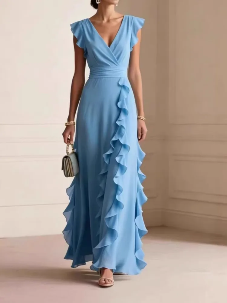 Women's Elegant Solid Color Ruffle Sleeveless Sexy V-Neck Long Dress Fashion Bohemian Women's Party Evening Maxi Dresses Robe
