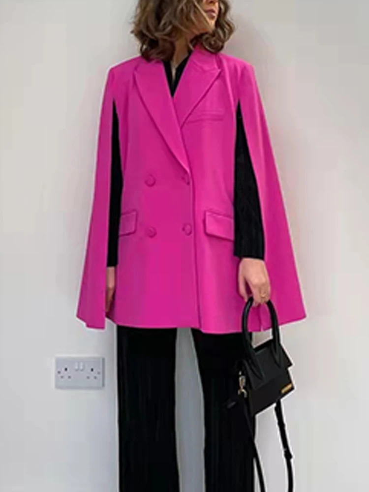 PUWD Women Pink V Neck Straight Pocket Cape Blazer 2022 Spring Fashion Ladies High Street Casual Blazer Female Solid Color Suit blue pant suit