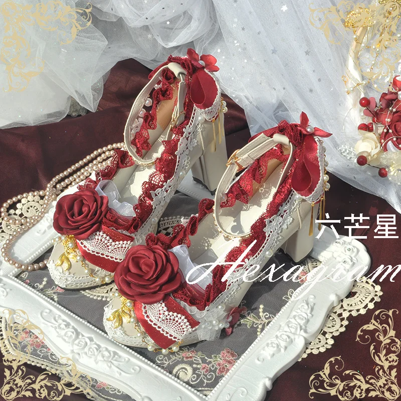 

Elegant Retro Lolita Court Style Cosplay Flower Wedding Girl Gorgeous Satin Bow Pearl Gem Ribbon Flower 8cm High Heels Shoes