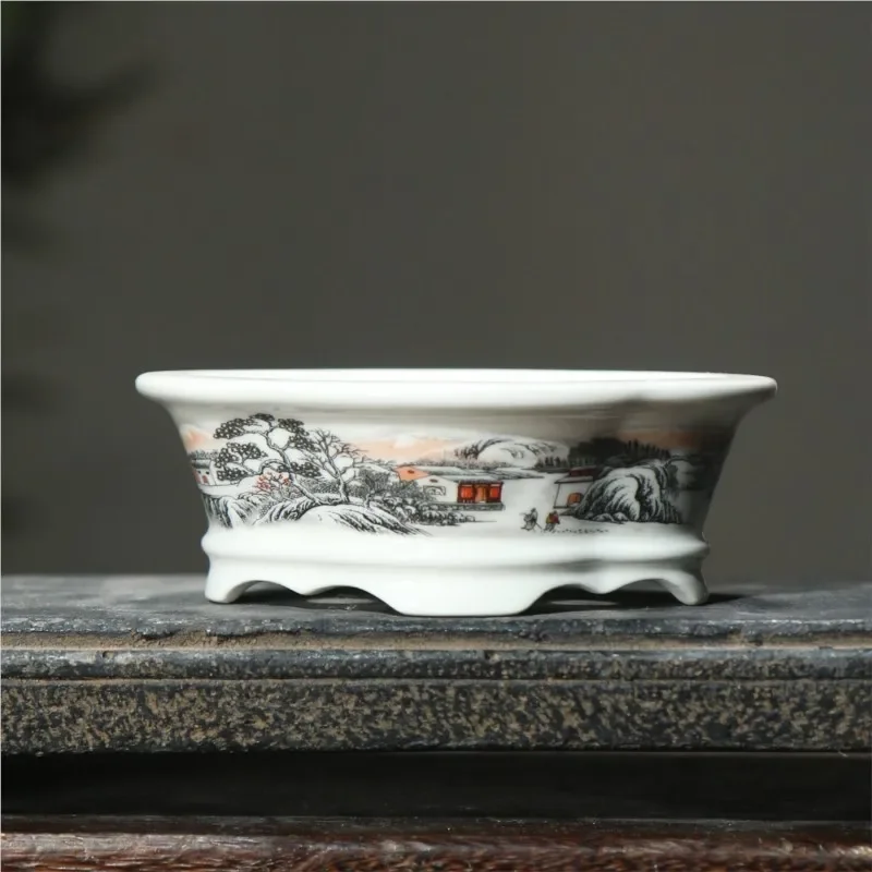 

2023 Yixing Purple Sand Flowerpot Ceramic Hand-Painted Landscape Bonsai Pot Chinese Style Classical Flower Pot Home Decor 1PCS