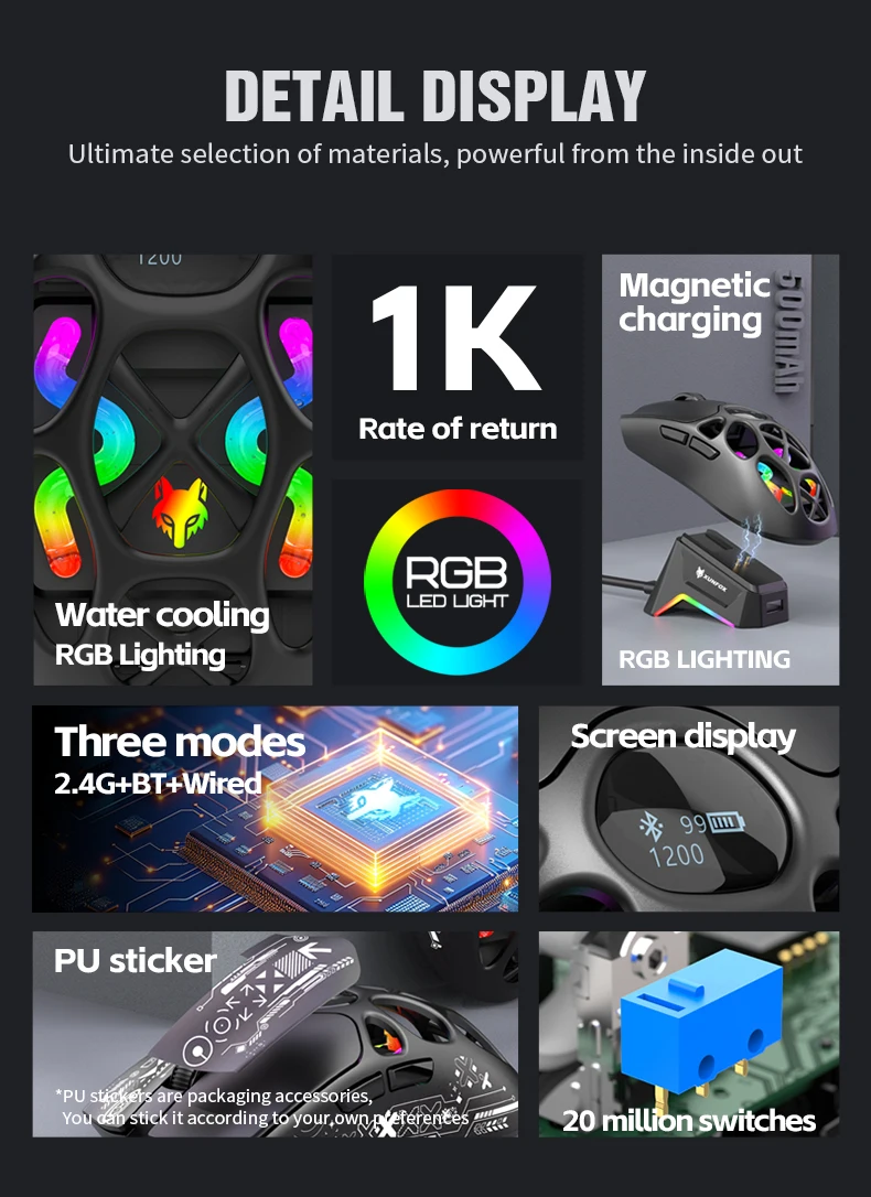 XUNFOX Wireless 2.4g Mouse Lightweight Competitive Game Mouse Charging Bluetooth Three-mode 1K Return Rate 12000DPI Computer