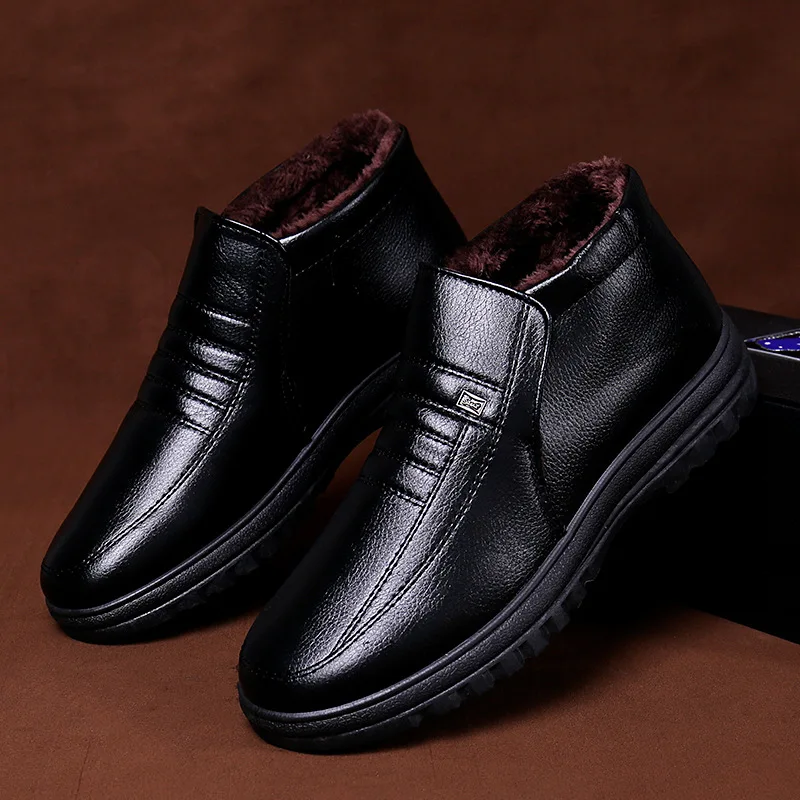 Plus Size Winter Waterproof Men's Casual Leather Shoes Flannel High Top Slip-on Warm Winter Shoes for Mens Work outdoor boots chelsea boots men leather boots