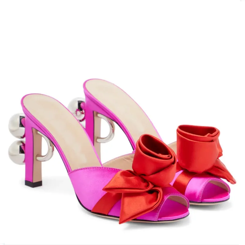 

Summer New Silk and Satin Flower Pearl Heel Fashion Slippers Water Diamond Thin High Heel Banquet Dress Large Size Women Sandals