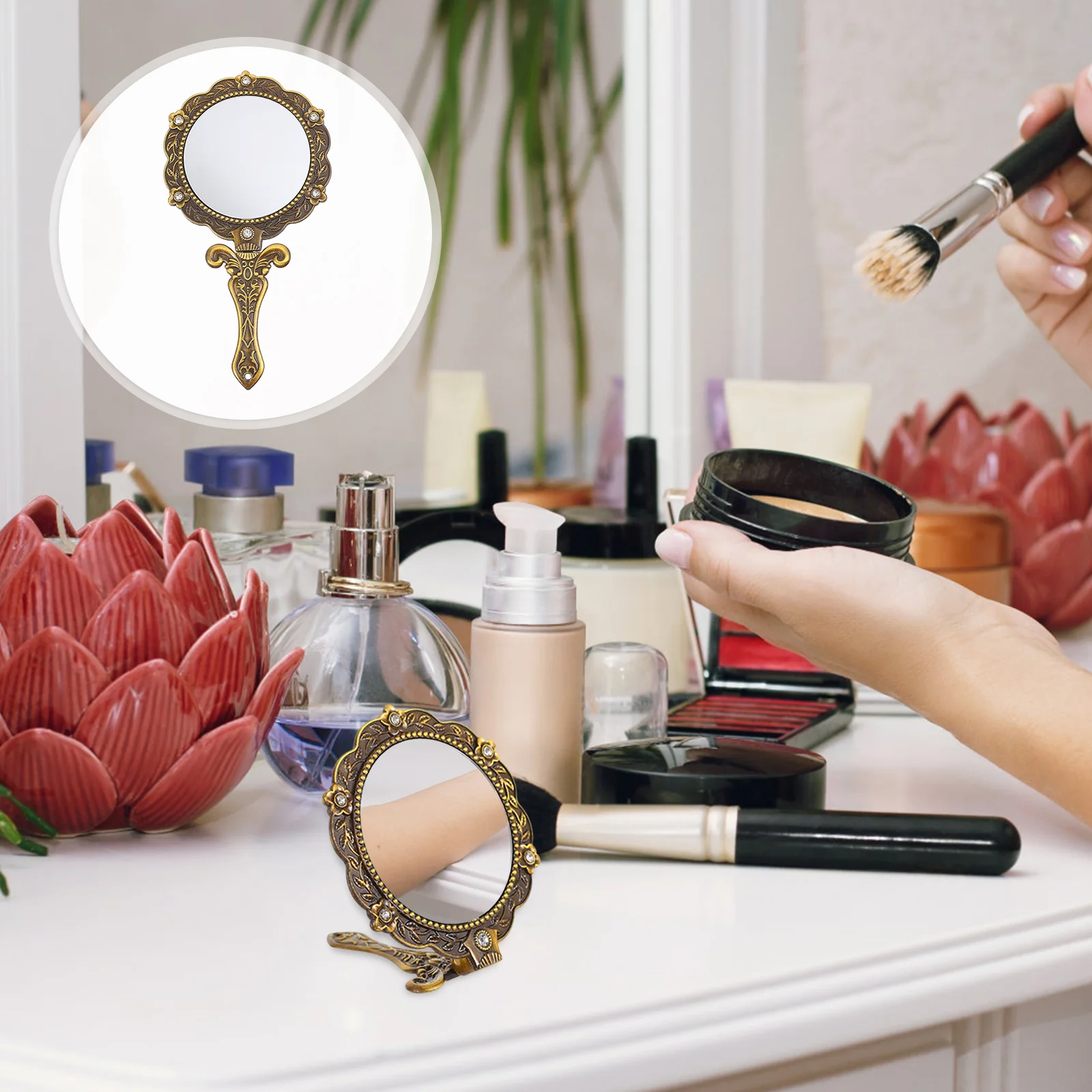 

Handheld Mirror Compact Vintage Gift for Girls Vanity Makeup Zinc Alloy Folding Rhinestone