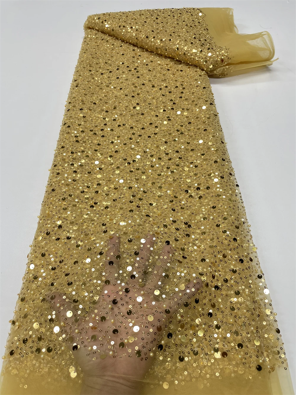 

African Lace Fabric New Arrival 2022 high Quality Nigerian Sequin Beaded Fabric Embroidery Lace Fabric for party dress