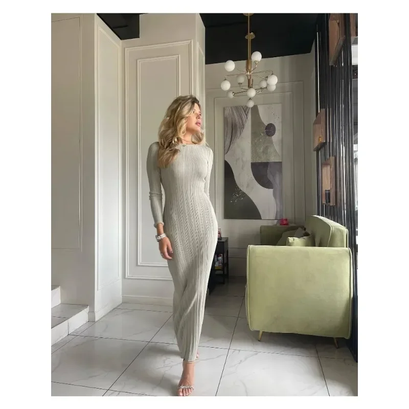 

Women Autumn Winter Solid Maxi Long Sweater Dress Elegant Casual Fashion Pullover Bodycon Slim Streetwear Knitted Dress 2023 New