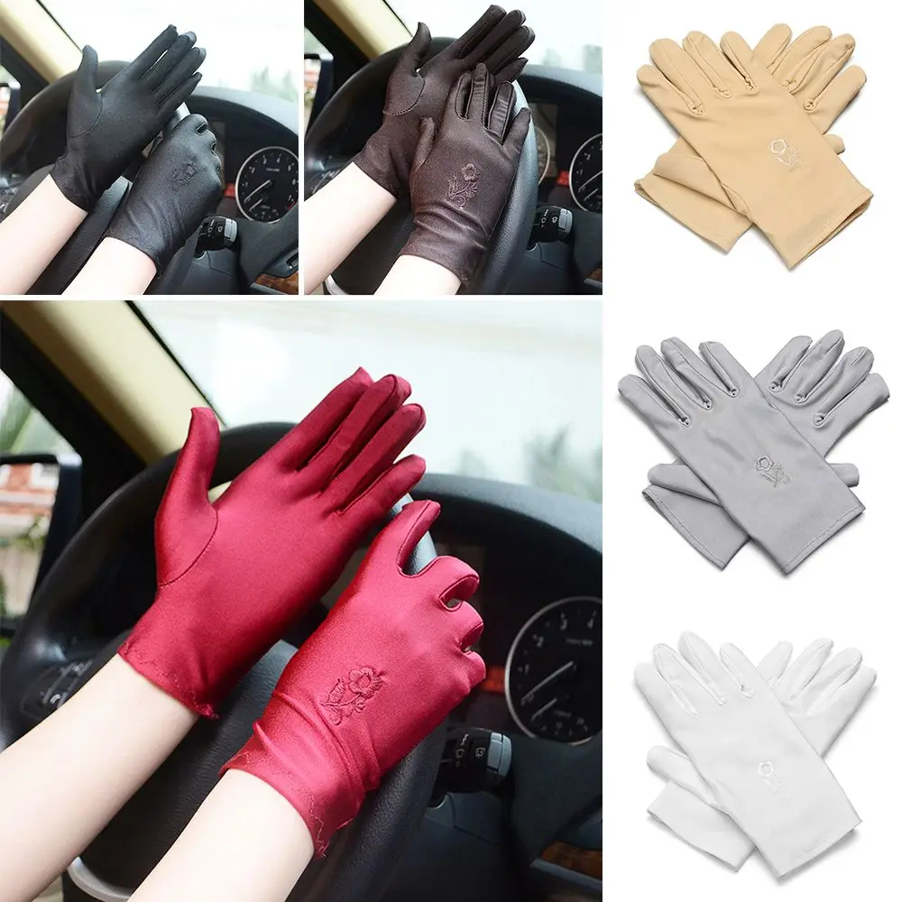 

1 pair Women Thin Elastic Embroidered Summer Mitten Sun Protection Gloves Sunscreen Mittens Driving Gloves