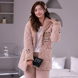 2024 New Winter Pajamas Women Three Layers of Cotton Sleepwear Warm Thick Fine Fleece Loungewear Cute Winter Loose Homewear Set
