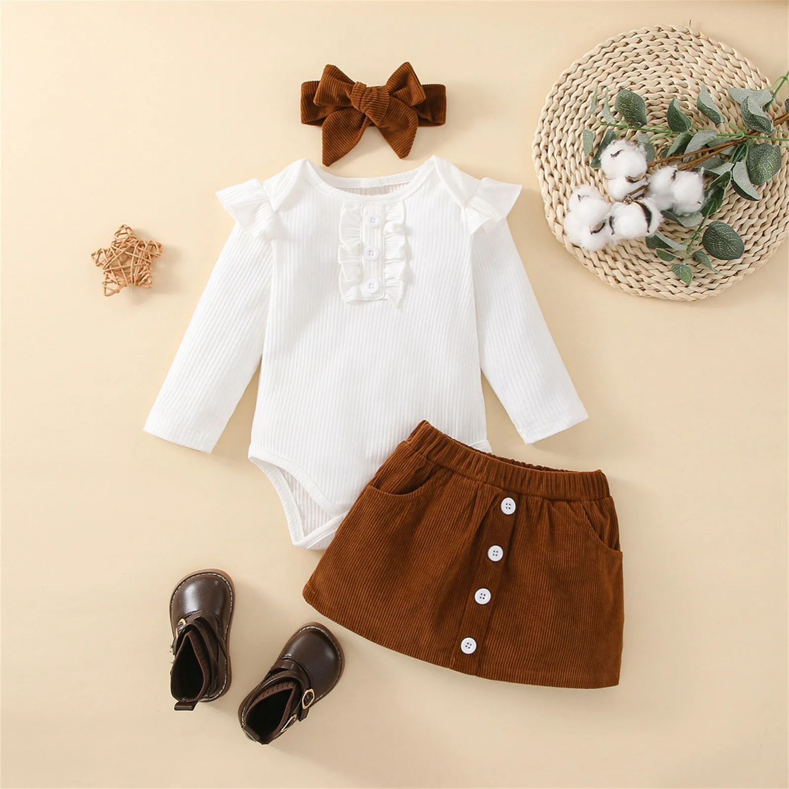 

3-24 Months Newborn Infant Baby Girls Clothes Sets Autumn New Ribbed Long Sleeve Romper Bodysuit+Skirts+Headband Set Clothes