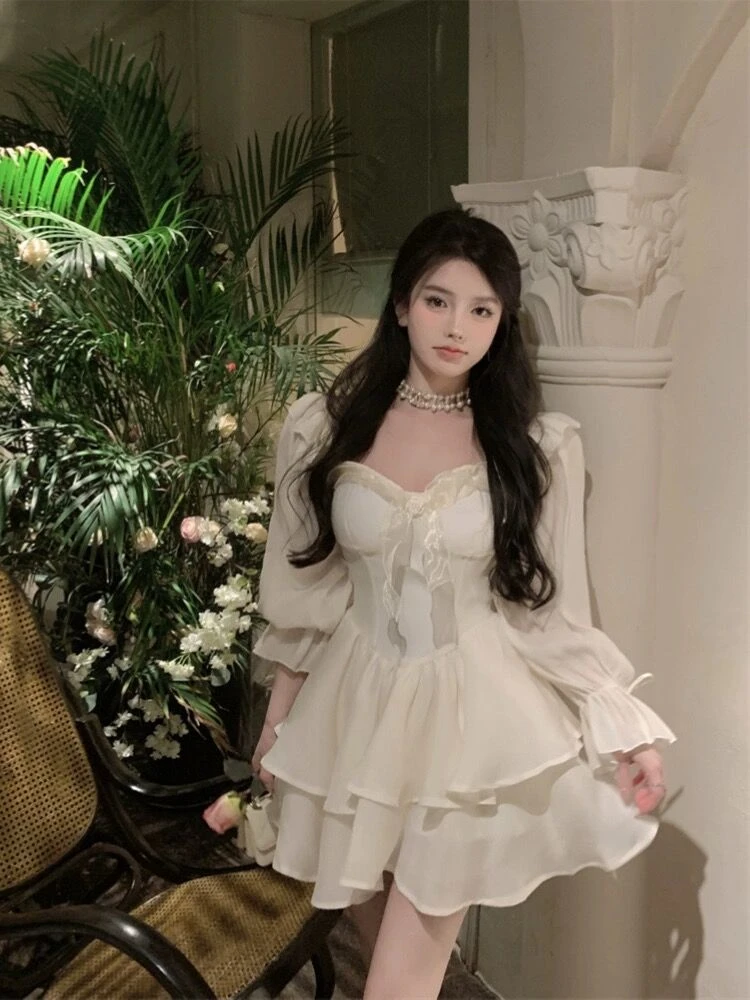 Elegant Princess Party Dress Flare Sleeves Layered Ruffles A-line Short Dresses for Women Korean Fashion One Piece Vestido Mujer