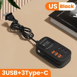 6 - Port USB Fast Charger Power Strip with Desktop Charging Station and Universal Plug Options - 3USB3C Black US