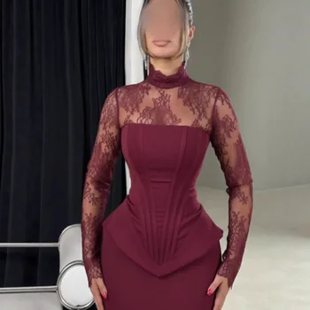 2026 New Lace Splicing Long Sleeve Slim Fit Gown Elegant Draped Tail Skirt Polyester Fabric Floral Pattern round Neck High Waist 1
