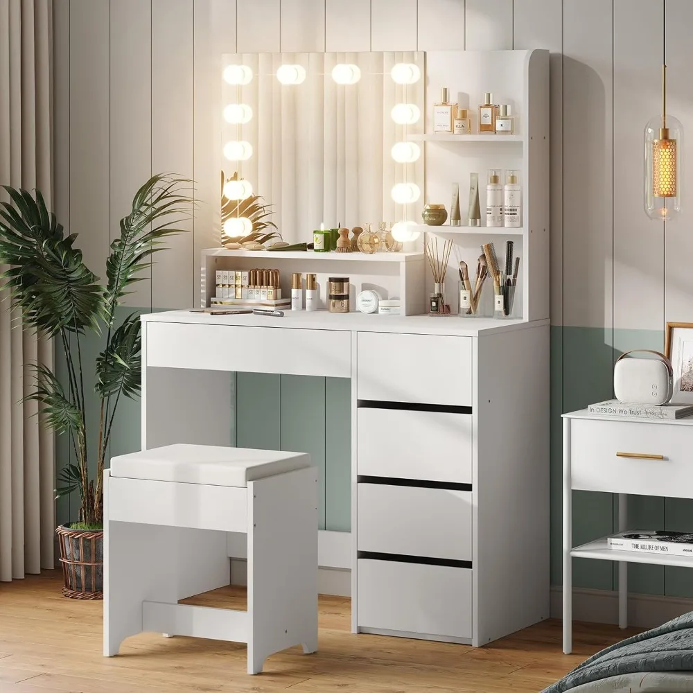 

37" W Vanity Desk, Vanity Mirror with Lights and Table Set with 5 Drawers, Vanity Set 3 Lighting Modes Dressers