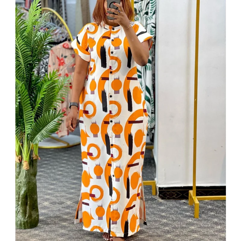 

Африканское модное женское свободное платье макси с коротким рукавом 2024 женские шикарные повседневные платья на пуговицах с принтом