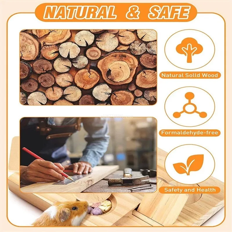 Wooden Guinea Pig Foraging Toy Treat Dispenser Toy with 6 Food Holes Interactive Hamsters Foraging Toys Pet Accessory for Rabbit