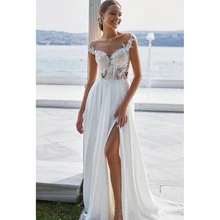 

RANMO Chapel Train Wedding Dress Illusion Bateau Neckline Applique Bodice Bridal Dress Cap Sleeves Buttons Up Slit Bride Gowns