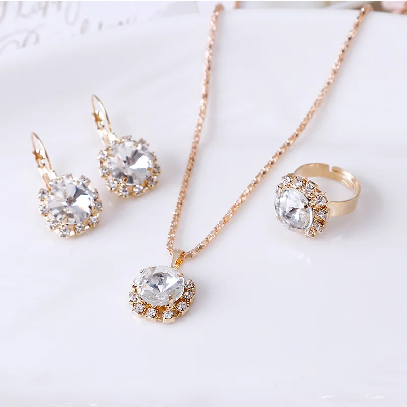Fashion Jewelry Set for Women Round Crystal Pendants Earrings Ring Sets Bridal Decoration Colorful Three Piece Gifts