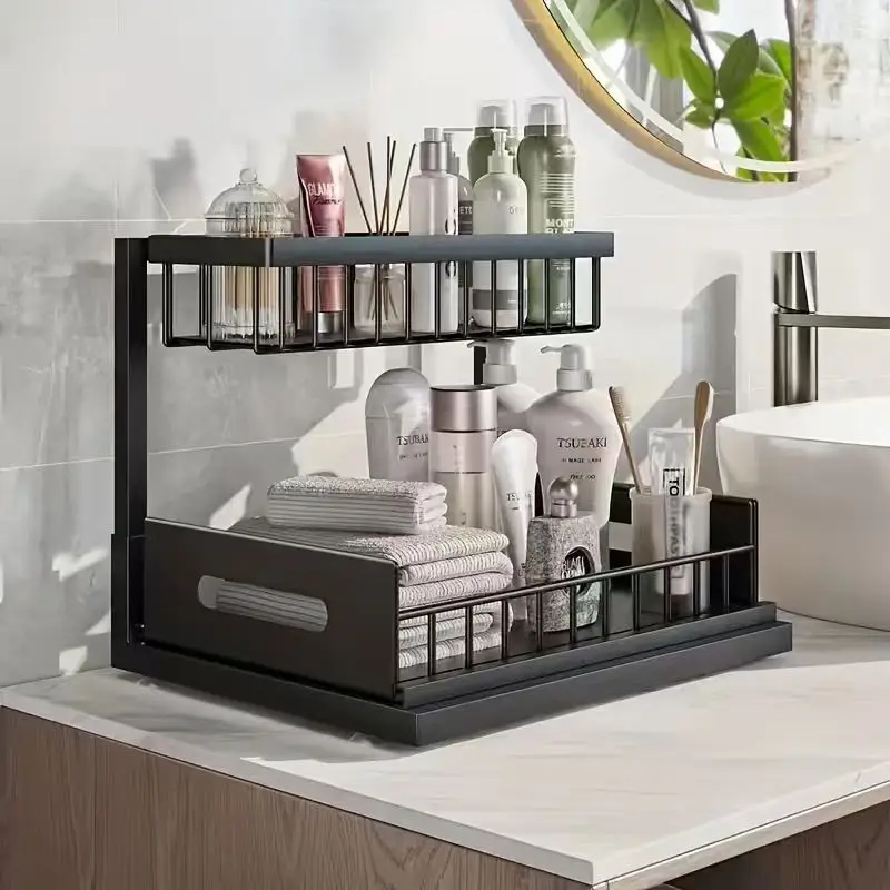 1pc Pull-Out Organizer Rack, Multi-Functional Double-Layer Sliding Storage Shelf, Large Capacity Carbon Steel Shelving