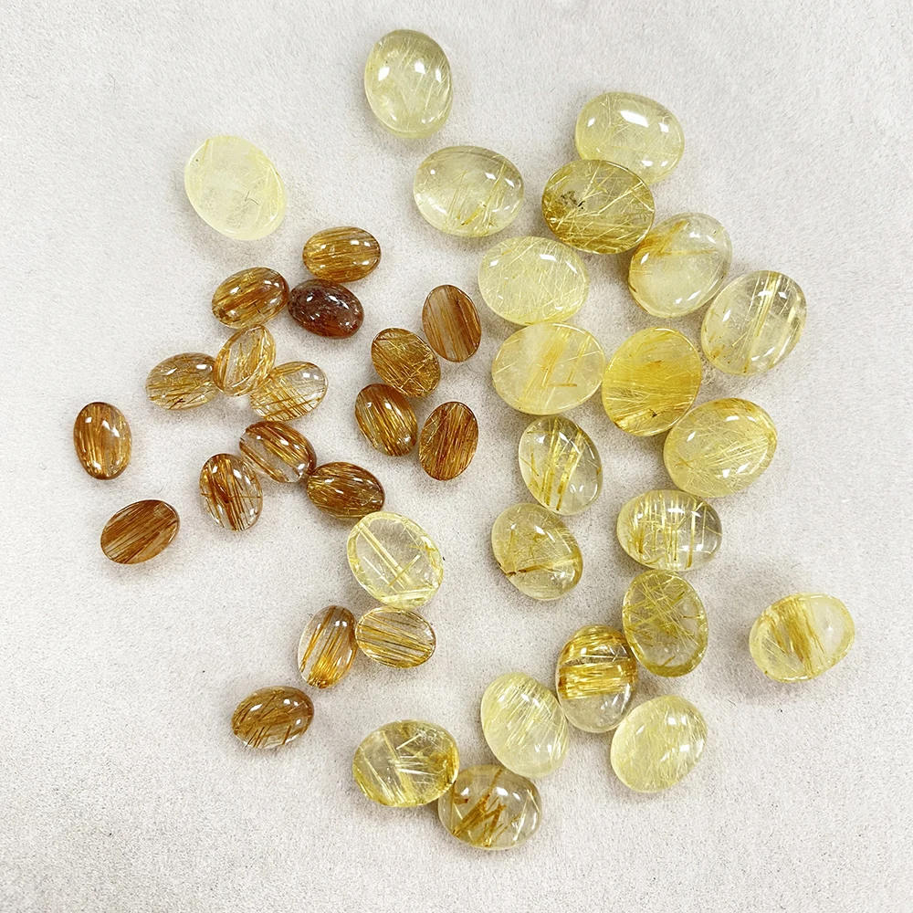 Factory Natural Rutilated Quartz Oval Cabochons Golden Needle Gemstone for Earring Ring Jewelry Making