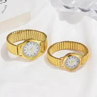 2 PCS Of Gold Retro Round Pointer Quartz Watch Classic Simulation Elastic Band Watch Suitable For Both Male And Female Couples - Image 5
