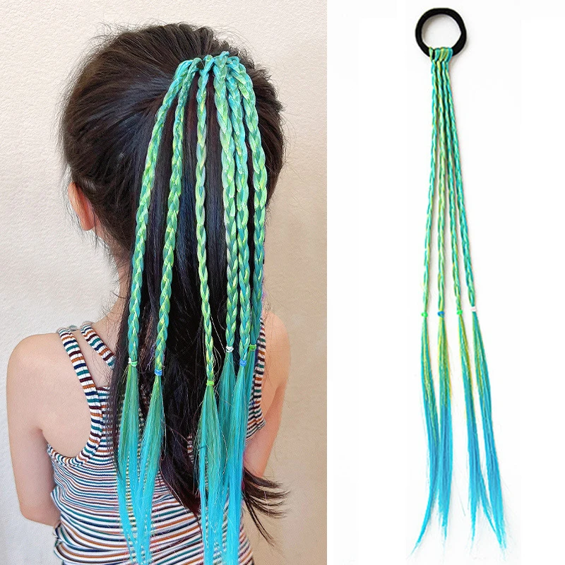 Kids Girls Gradient Colorful Wigs Hairclip Ponytail Holder Rubber Band Bows Cool Braid Baby Headwear Party Hair Accessories