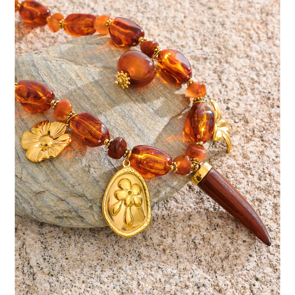Yhpup Handmade Necklace Amber Resin Beads