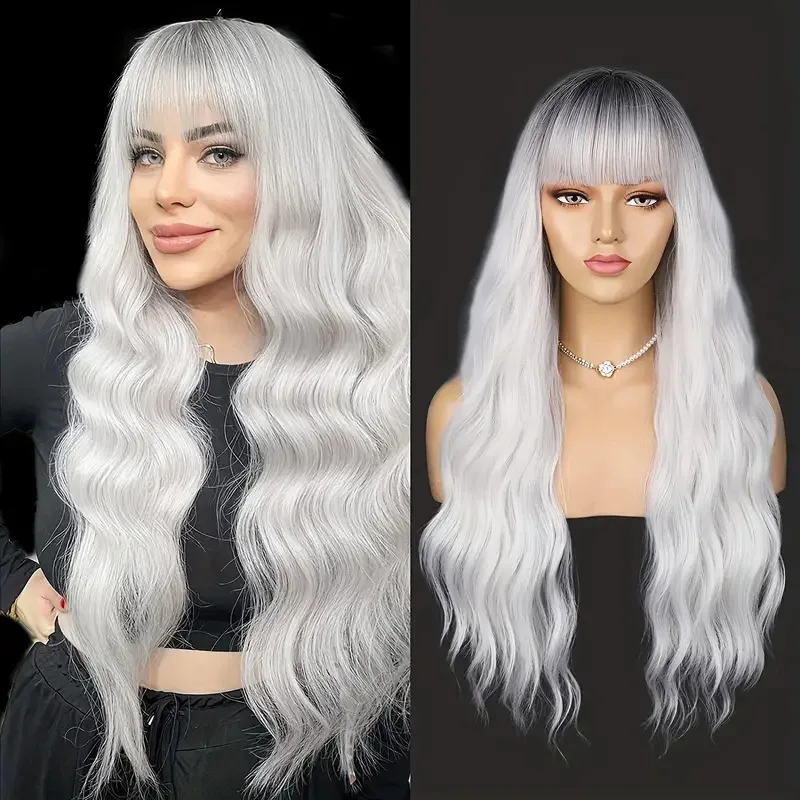 Blonde Wavy Synthetic Wigs Long 28 Inches White With Bangs Cosplay Lolita Party Wigs For Women Natural Heat Resistant synthetic blonde wig with bangs short none lace front wig for women middle parting daily cosplay party heat resistant bang wig