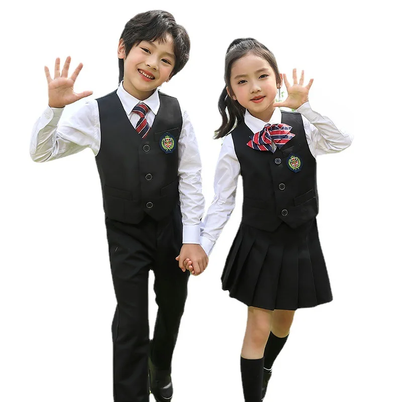 Kid Korean Japanese School Uniform for Boy Girl White Shirt Navy Skirt Pants Waistcoat Vest Tie Clothes Set Student Outfit Suit japanese school uniform